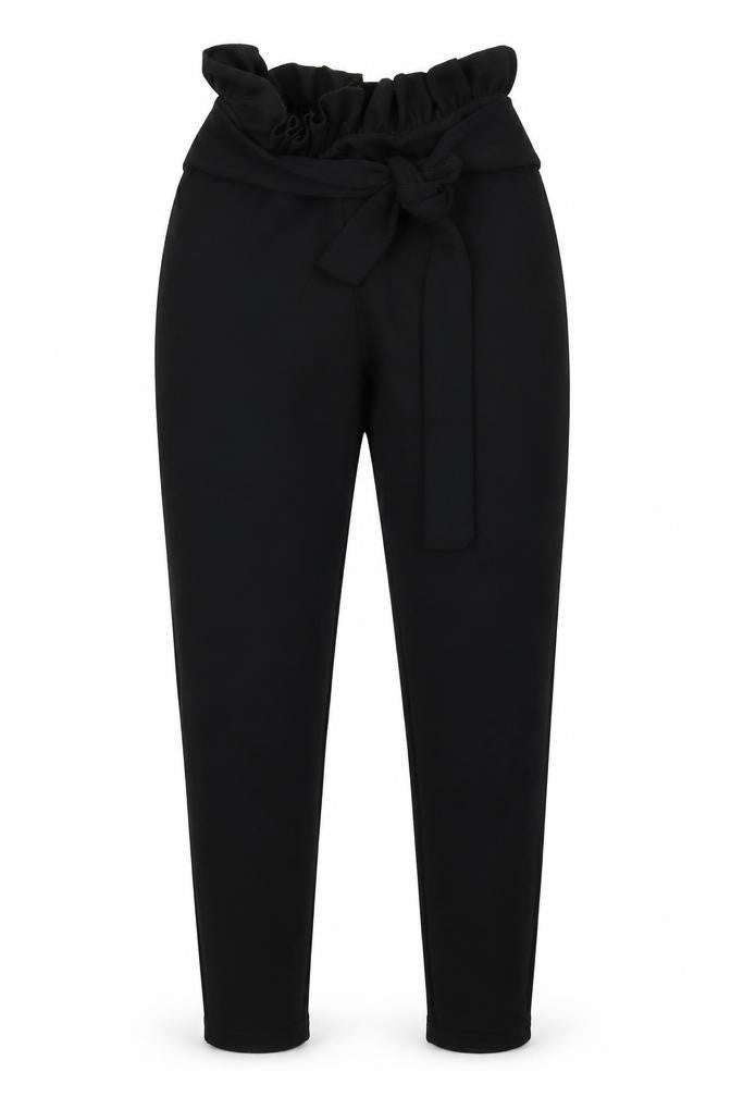 Front view of PRETTYLITTLETHING women’s black dress pants trousers, size UK 6, 25-inch leg - papaerbag waist