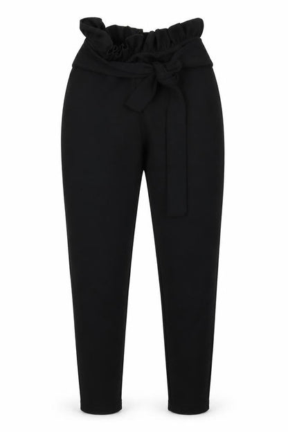 Front view of PRETTYLITTLETHING women’s black dress pants trousers, size UK 6, 25-inch leg - papaerbag waist