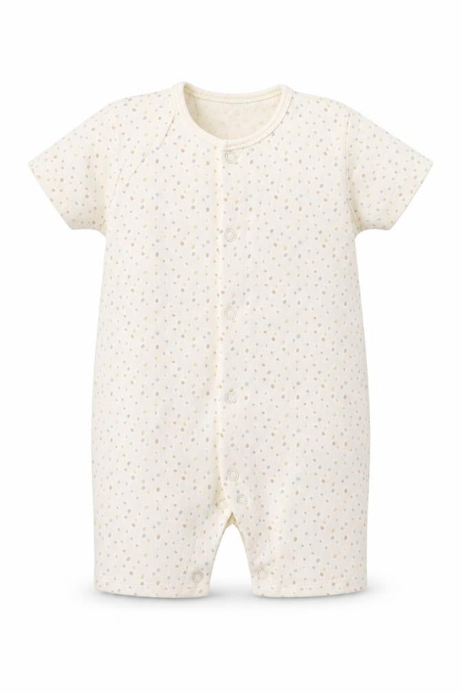 Front view of George girls’ beige spotted romper one-piece, size 9-12, months
