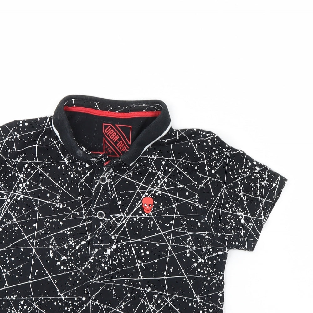 Close-up detail of Urban Debt boys’ black geometric basic polo, size 9, years
