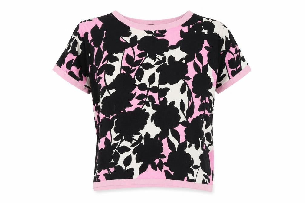 Front view of Marks & Spencer women’s pink floral knit jumper, size UK 14