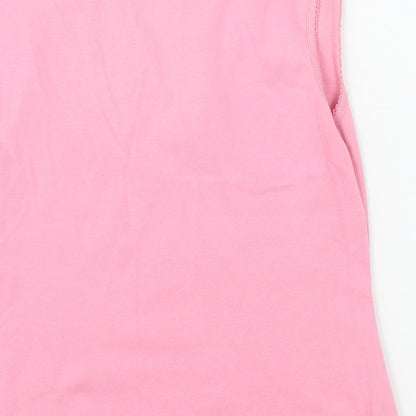 Brand and care label for Nouveau Edition women’s pink jersey basic tank, size M