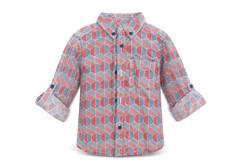 Front view of Bows & arrows boys’ red geometric basic button-up, size 2-3, years
