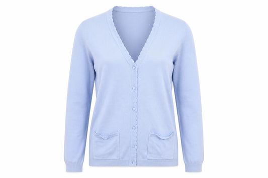 Front view of Isle women’s blue knit cardigan jumper, size UK 12