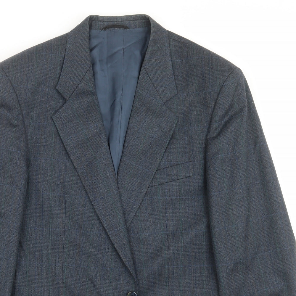 Close-up detail of Konen men’s blue check jacket suit jacket, size 42