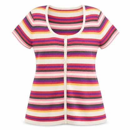 Front view of M&Co women’s pink striped cardigan jumper, size XL