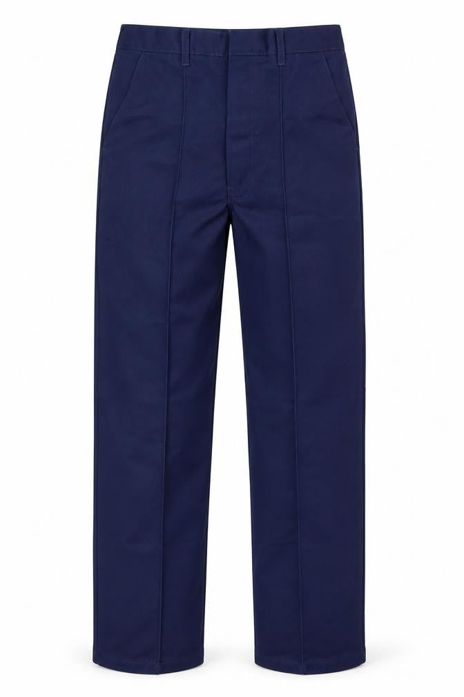 Front view of Preworn men’s blue trousers, size 29, in, 32-inch leg