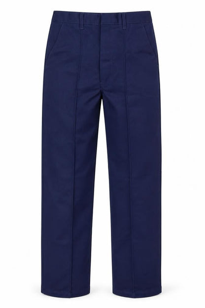 Front view of Preworn men’s blue trousers, size 29, in, 32-inch leg