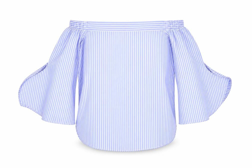 Front view of Parallel Lines women’s blue polka dot basic blouse, size XS