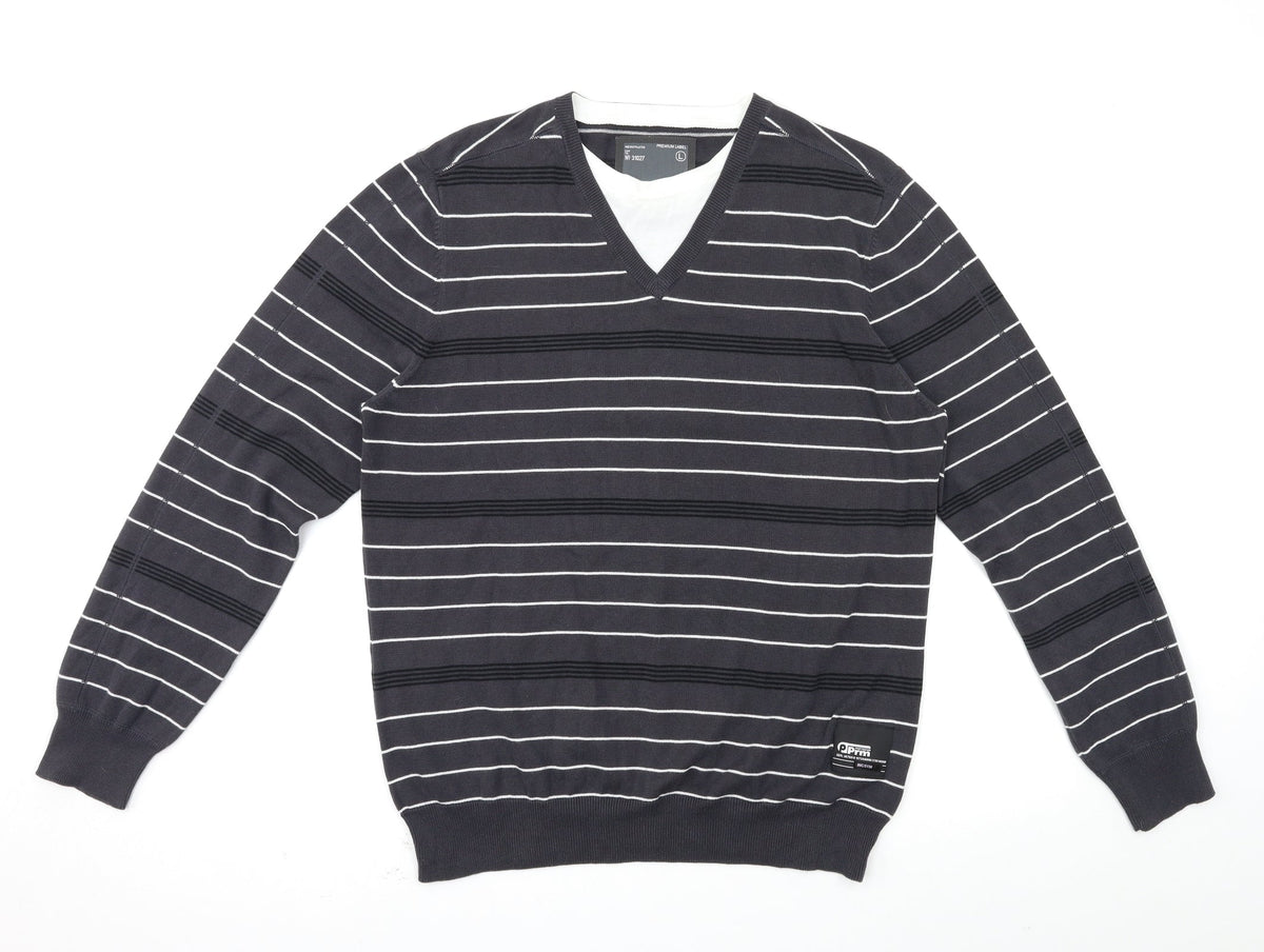 Additional front view of premium label men’s grey striped jumper, size L
