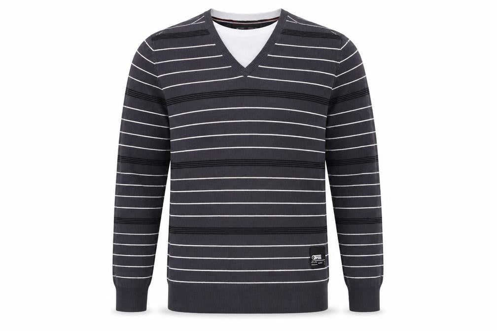 Front view of premium label men’s grey striped jumper, size L