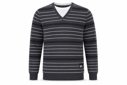 Front view of premium label men’s grey striped jumper, size L