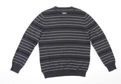 Back view of premium label men’s grey striped jumper, size L