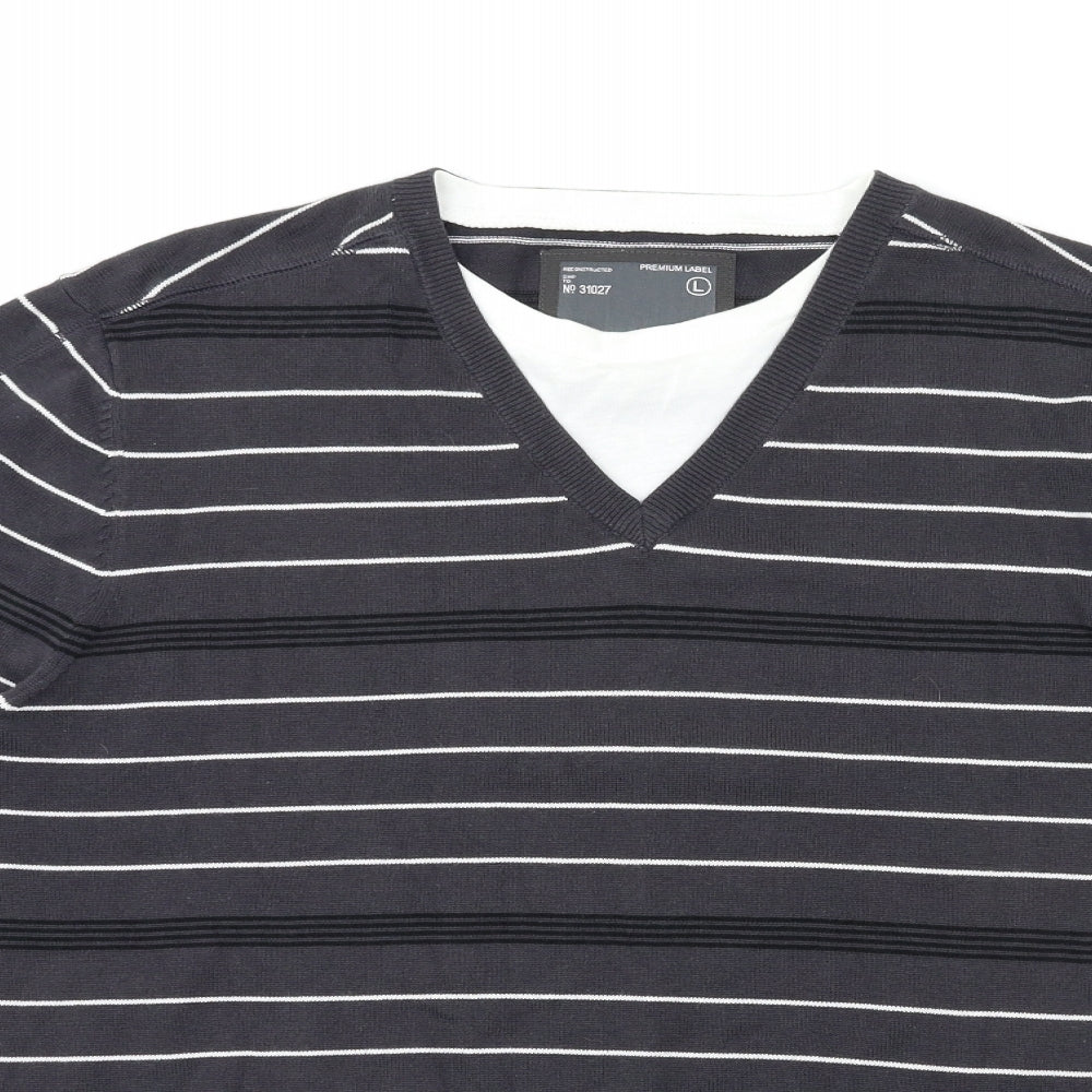 Close-up detail of premium label men’s grey striped jumper, size L
