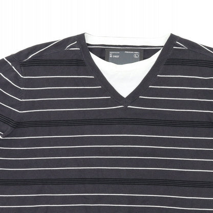 Close-up detail of premium label men’s grey striped jumper, size L