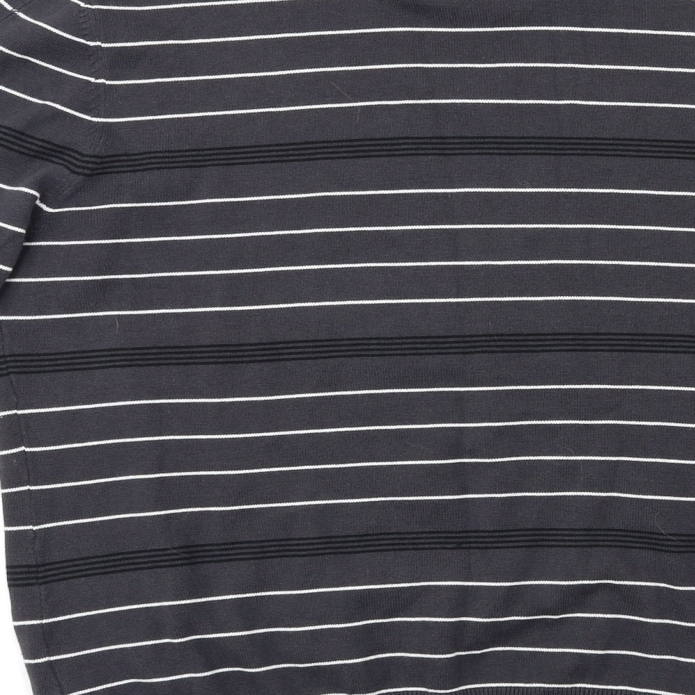 Brand and care label for premium label men’s grey striped jumper, size L