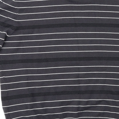 Brand and care label for premium label men’s grey striped jumper, size L