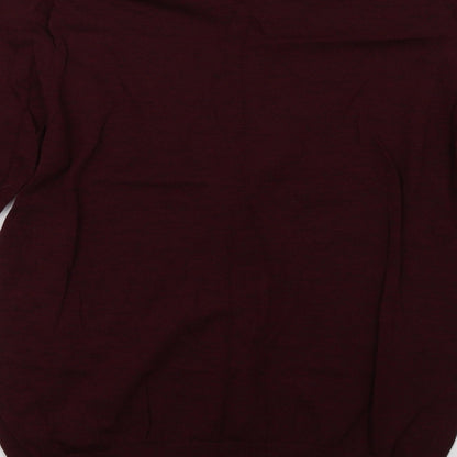 Brand and care label for Linea men’s red pullover sweatshirt, size M