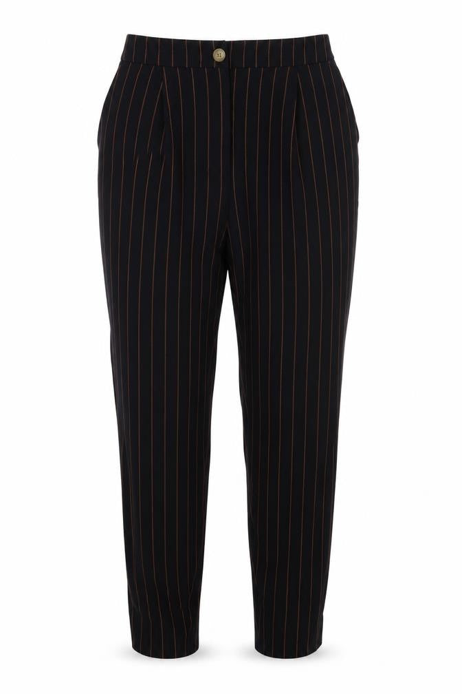Front view of New Look women’s blue striped trousers, size UK 10, 28-inch leg