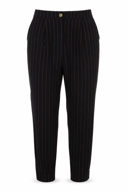 Front view of New Look women’s blue striped trousers, size UK 10, 28-inch leg