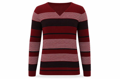 Front view of EWM women’s red striped pullover sweatshirt, size M