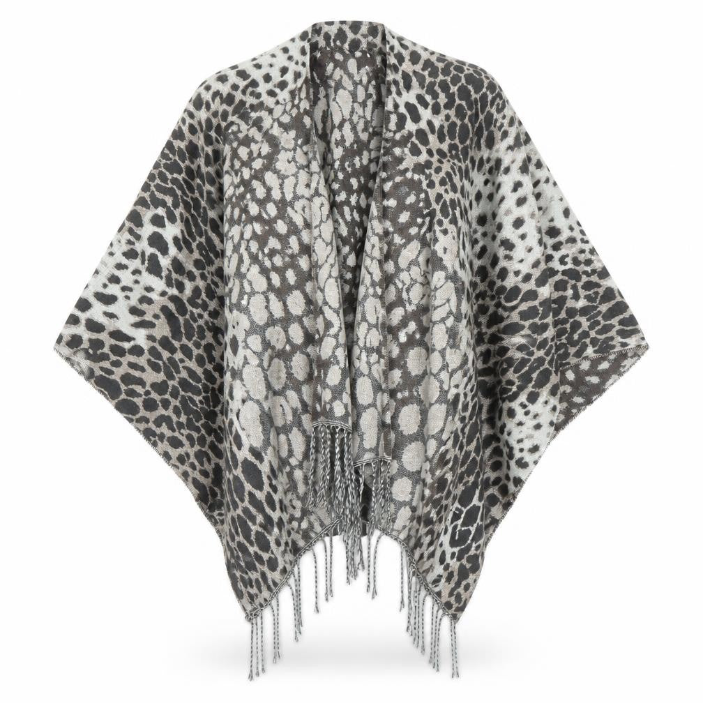 Front view of Preworn women’s beige animal print cape jumper one size - leopard print