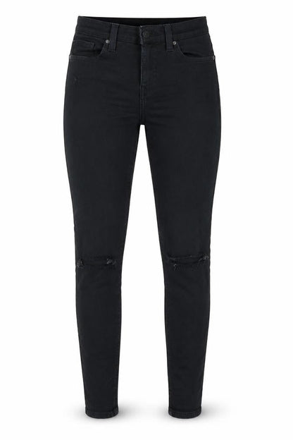 Front view of Topshop women’s black denim skinny jeans, size UK 25, 26-inch leg