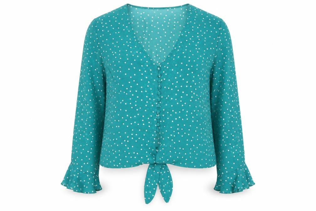 Front view of Bardót women’s green polka dot basic blouse, size UK 12