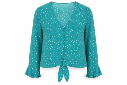 Front view of Bardót women’s green polka dot basic blouse, size UK 12