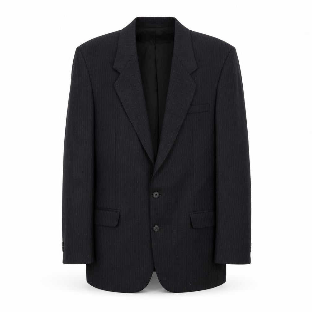 Front view of Burton Collection men’s black striped jacket suit jacket, size 38