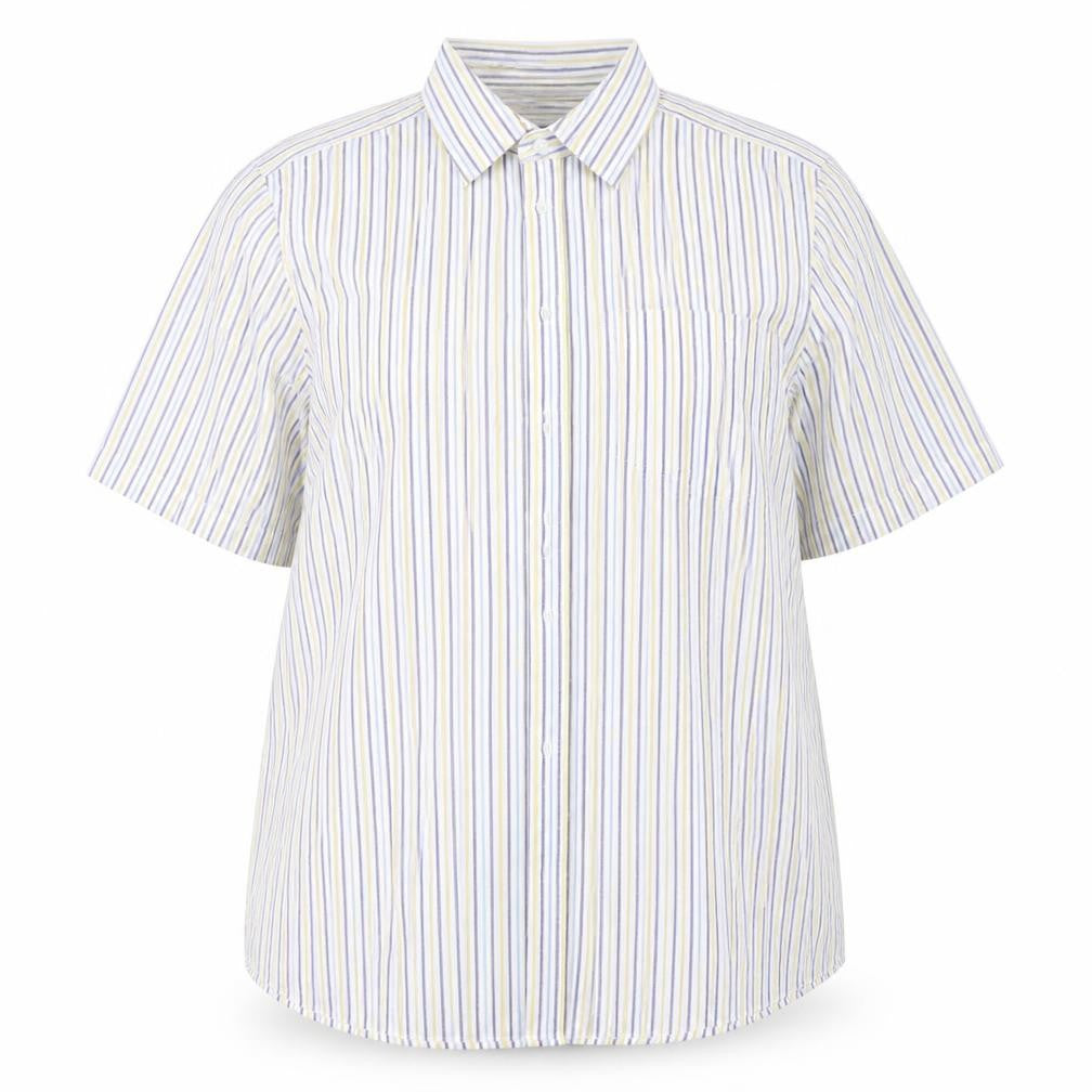 Front view of Jack Reid women’s multicoloured striped basic button-up, size UK 16