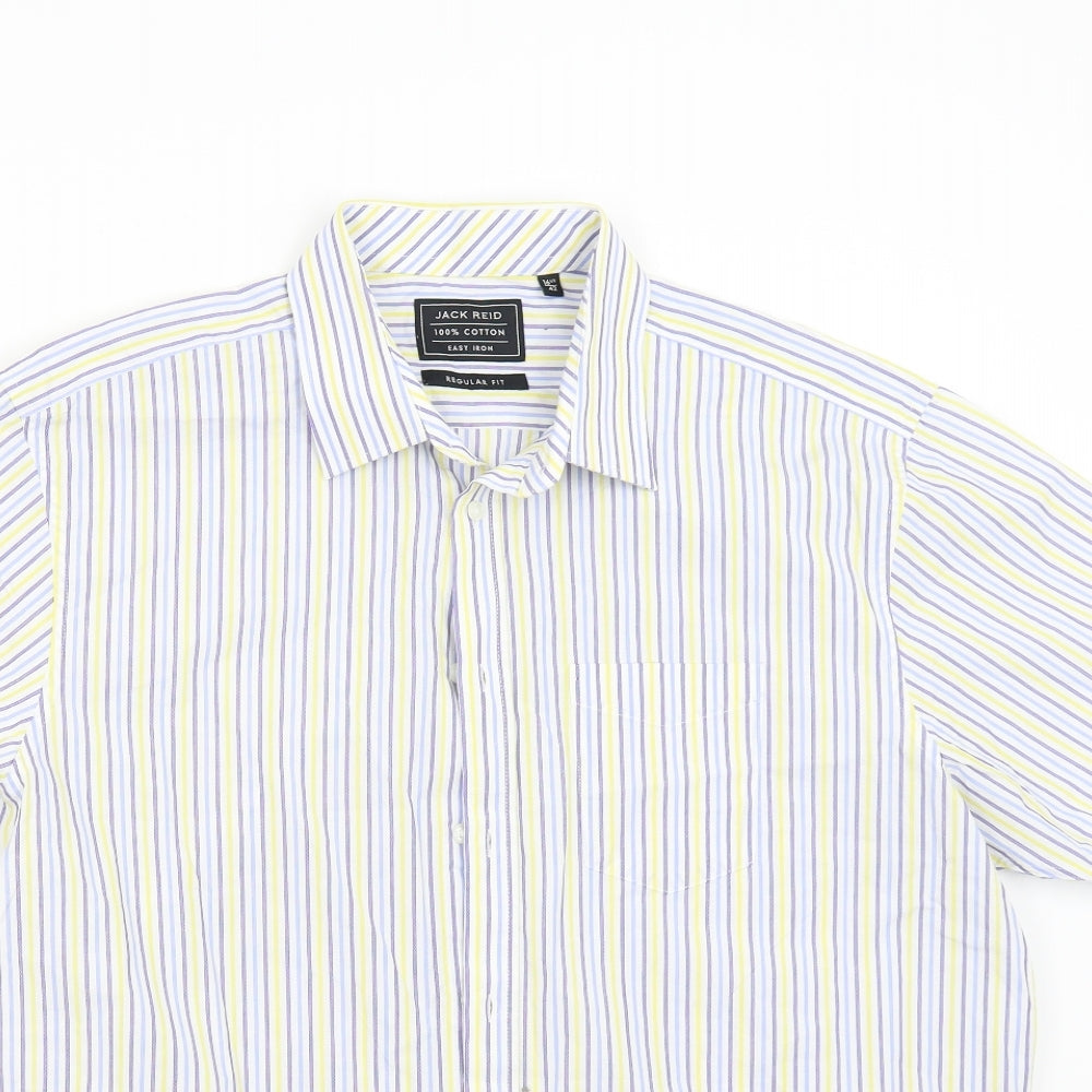 Close-up detail of Jack Reid women’s multicoloured striped basic button-up, size UK 16