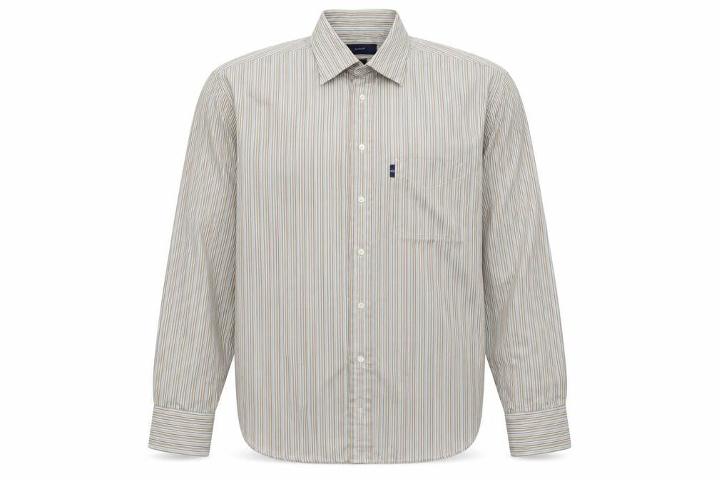 Front view of Andre men’s beige striped button-up, size L