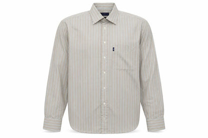 Front view of Andre men’s beige striped button-up, size L