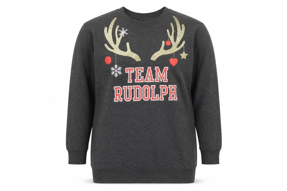 Front view of H&M women’s grey pullover sweatshirt, size XS, - christmas