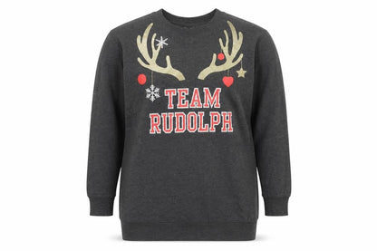 Front view of H&M women’s grey pullover sweatshirt, size XS, - christmas