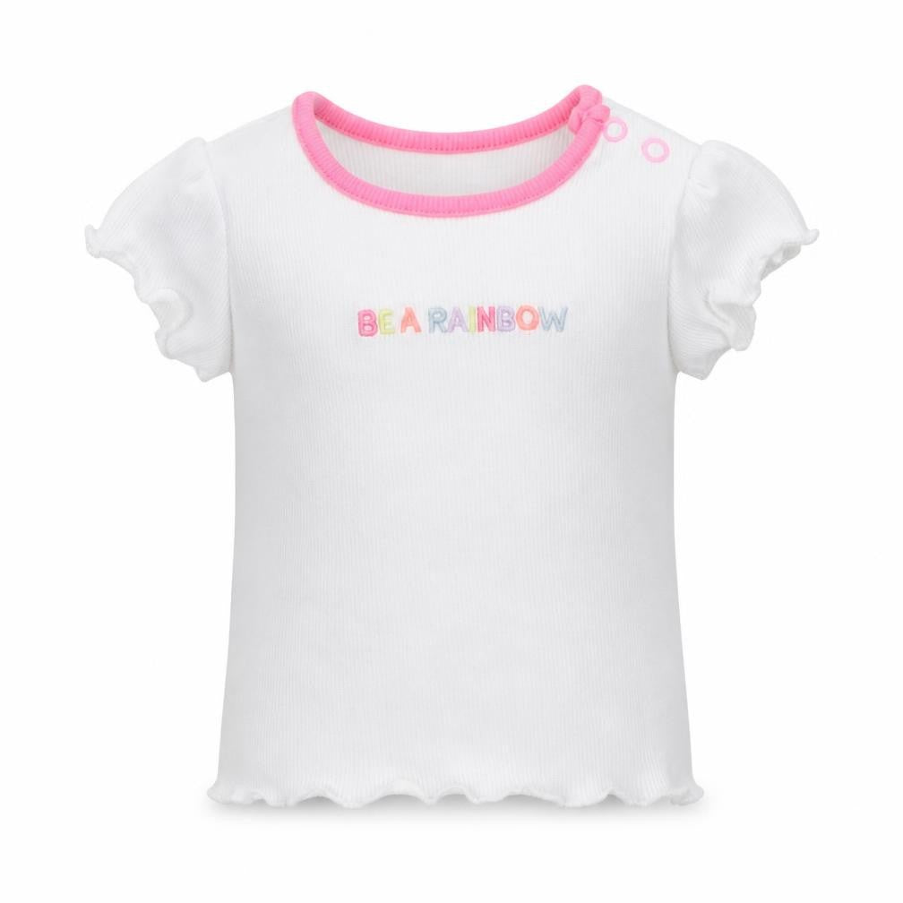 Front view of Primark girls’ white basic t-shirt, size 0-3, months - be a rainbow