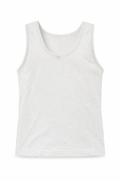 Front view of KidsOwn girls’ white basic tank, size 3-4, years