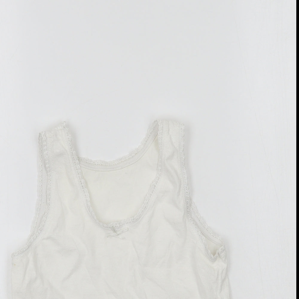 Close-up detail of KidsOwn girls’ white basic tank, size 3-4, years