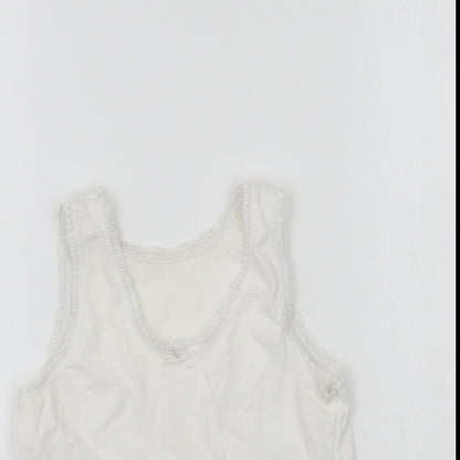 Close-up detail of KidsOwn girls’ white basic tank, size 3-4, years
