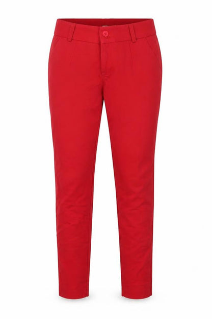 Front view of Preworn women’s red trousers, size L, 26-inch leg