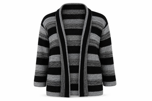 Front view of Whisper women’s grey striped cardigan jumper, size S