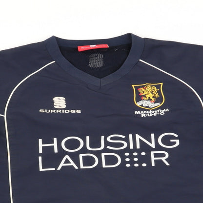 Close-up detail of Surridge men’s blue pullover casual - macclesfield rufc