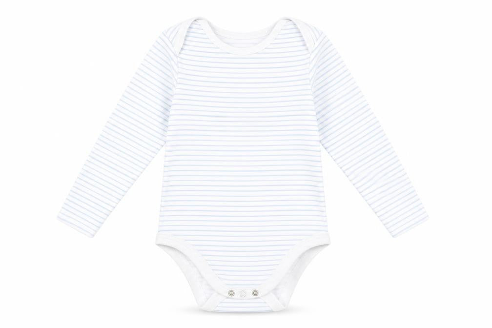 Front view of F&F boys’ blue striped romper one-piece, size 12-18, months