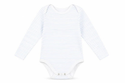Front view of F&F boys’ blue striped romper one-piece, size 12-18, months