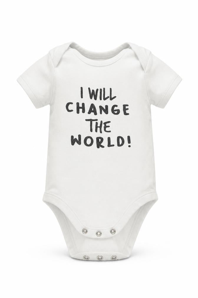Front view of Matalan boys’ white romper one-piece, size 6-9, months - i will change the world
