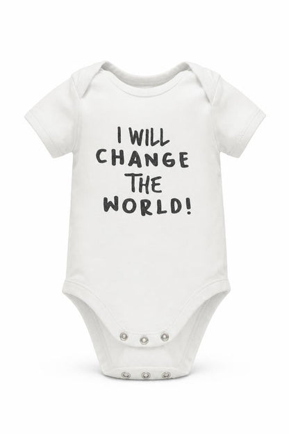 Front view of Matalan boys’ white romper one-piece, size 6-9, months - i will change the world