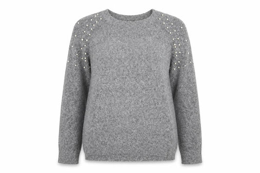 Front view of Intuition women’s grey jumper, size UK 8, - beaded shoulders