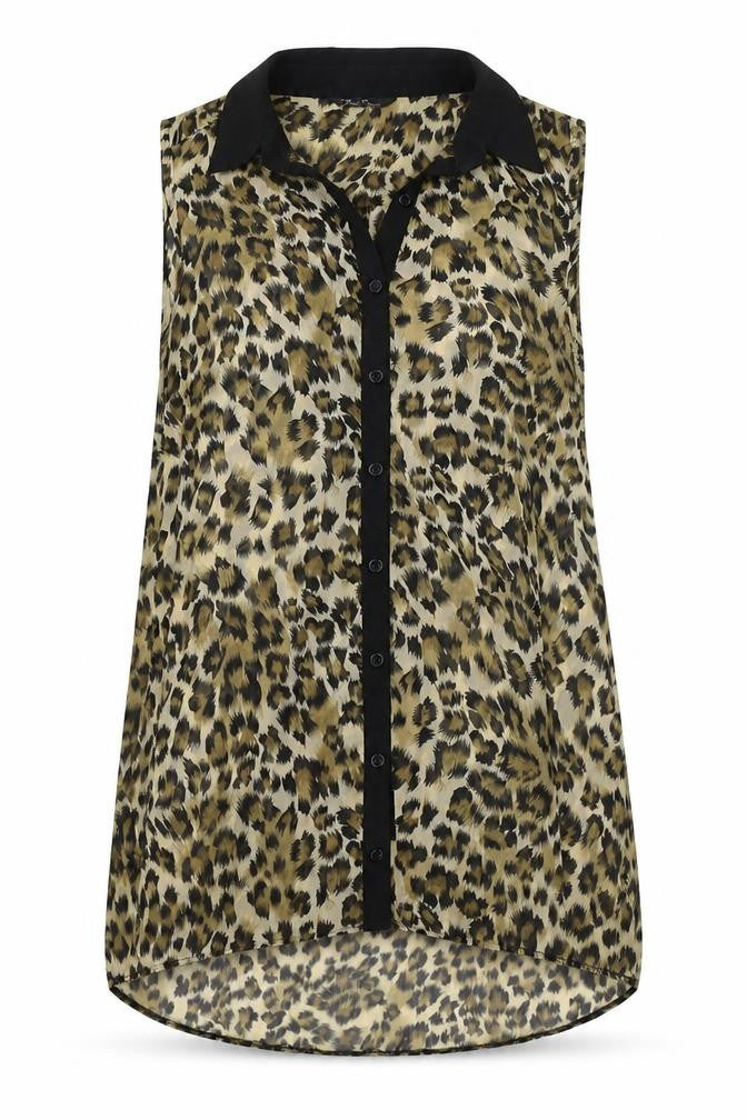 Front view of Marina Kaneva women’s brown animal print tunic button-up, size UK 10