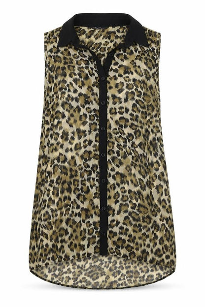 Front view of Marina Kaneva women’s brown animal print tunic button-up, size UK 10